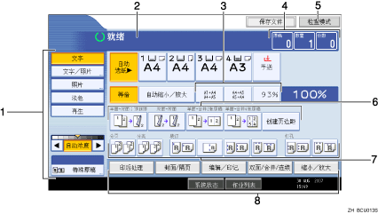 操作面板屏幕插图（带各部分编号的插图）