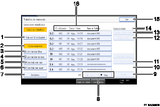 Imagem numerada da imagem do ecrã do painel de operações