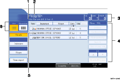 Illustrasjon av brukerpanelskjermen med nummererte bildetekster.