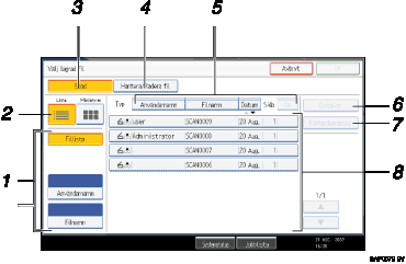 Bild av användarpanelskärmen (numrerade detaljer) 