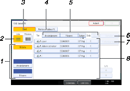 Bild på användarpanelens skärm (numrerade detaljer) 