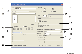 Illustrasjon av applikasjonsskjerm med nummererte forklaringer.