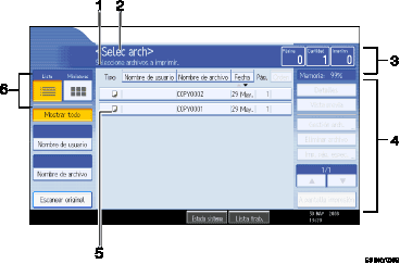 Ilustración con leyenda numerada de la pantalla del panel de operaciones