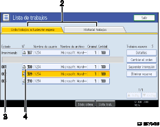 Ilustración con leyenda numerada de la pantalla del panel de operaciones