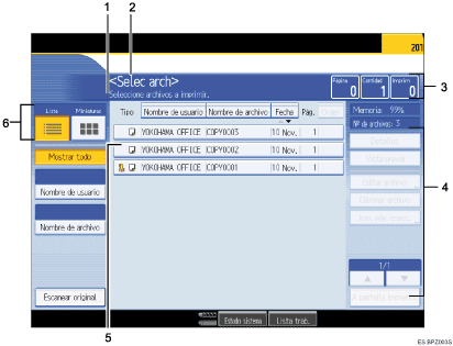 Ilustraci&oacute;n con leyenda numerada de la pantalla del panel de operaciones