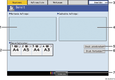Die Abbildung zeigt den Bedienfeldbildschirm anhand durchnummerierter Illustration