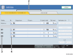Nummereret illustration af sk&aelig;rm p&aring; betjeningspanelet