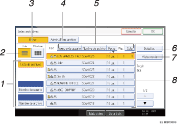 Ilustración de leyenda numerada de la pantalla del panel de operaciones