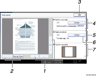 Ilustración con leyenda numerada de la pantalla del panel de operaciones