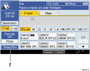 Bild på användarpanelens skärm (numrerade detaljer) 