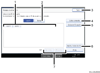 Ilustración con llamadas numeradas de la pantalla del panel de operaciones