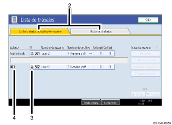 Ilustración con llamadas numeradas de la pantalla del panel de operaciones