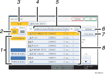 Ilustración con llamadas numeradas de la pantalla del panel de operaciones