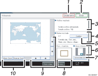 Ilustración con llamadas numeradas de la pantalla del panel de operaciones
