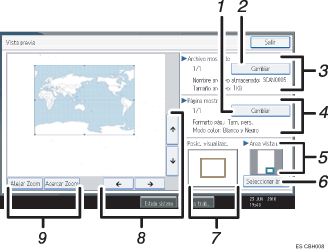 Ilustración con llamadas numeradas de la pantalla del panel de operaciones