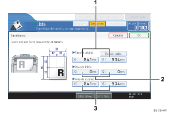Ilustración con llamadas numeradas de la pantalla del panel de operaciones