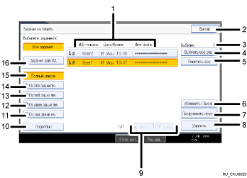 Иллюстрация экрана операционной панели с пронумерованными сносками