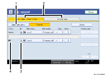 Иллюстрация экрана операционной панели с пронумерованными сносками