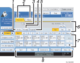 Иллюстрация экрана операционной панели с пронумерованными сносками