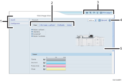 Obrázek obrazovky webového prohlížeče s číselnými popisky