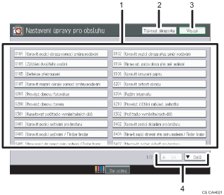 Číslovaná ilustrace obrazovky ovládacího panelu