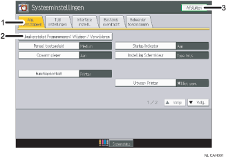 Schermafbeelding van het bedieningspaneel (illustratie met nummers en benoemingen)