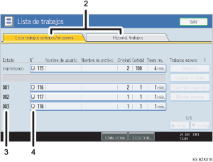 Ilustración con llamadas numeradas de la pantalla del panel de operaciones