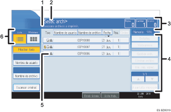 Ilustración con llamadas numeradas de la pantalla del panel de operaciones