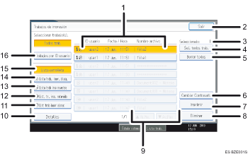 Ilustración con llamadas numeradas de la pantalla del panel de operaciones