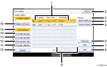 Ilustracja ekranu panela oznaczona numerowanymi odsyłaczami