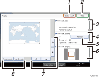 Ilustracja ekranu panela oznaczona numerowanymi odsyłaczami