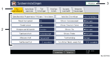 Schermafbeelding van het bedieningspaneel (illustratie met nummers en benoemingen)