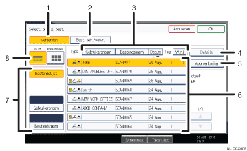 Genummerde afbeelding van het scherm van het bedieningspaneel