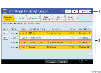Skjermillustrasjon av funksjonspanel (nummerert bildetekst)