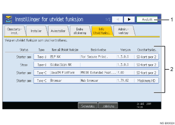 Skjermillustrasjon av funksjonspanel (nummerert bildetekst)