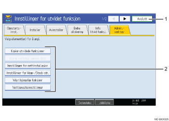 Skjermillustrasjon av funksjonspanel (nummerert bildetekst)