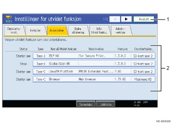 Skjermillustrasjon av funksjonspanel (nummerert bildetekst)