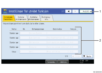 Skjermillustrasjon av funksjonspanel (nummerert bildetekst)