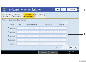Skjermillustrasjon av funksjonspanel (nummerert bildetekst)