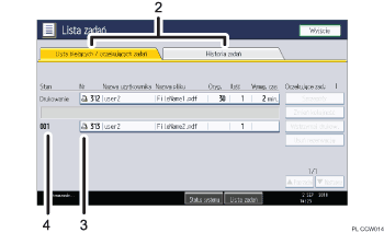 Ilustracja ekranu panela oznaczona numerowanymi odsyłaczami