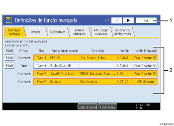 Ilustração numerada da ilustração do ecrã do painel de operação