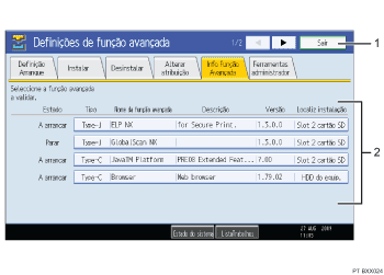 Ilustração numerada da ilustração do ecrã do painel de operação