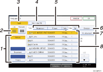 Nummereret illustration af skærmen på betjeningspanelet
