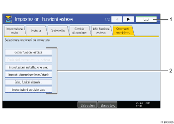 Illustrazione della schermata del pannello di comando (didascalie numerate)