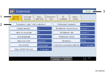 skjermillustrasjon av funksjonspanel (nummerert bildetekst)