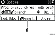 Ilustracja ekranu panela oznaczona numerowanymi odsyłaczami