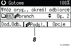 Ilustracja ekranu panela oznaczona numerowanymi odsyłaczami