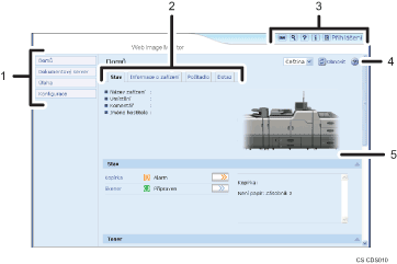 Obrázek obrazovky webového prohlížeče s číselnými popisky