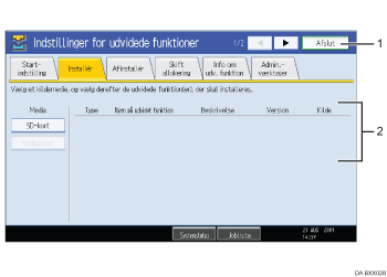 Nummereret illustration af skærm på betjeningspanel