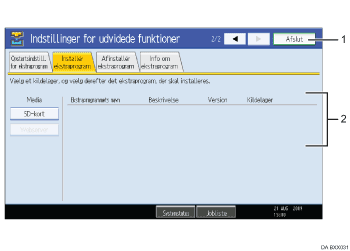 Nummereret illustration af skærm på betjeningspanel